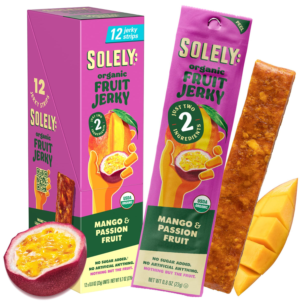 SOLELY Mango Passion Fruit Jerky packaging highlights natural ingredients and on-the-go convenience.