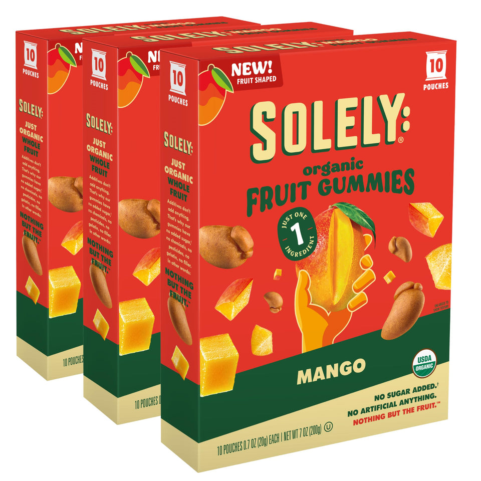 SOLELY Organic Mango Whole Fruit Gummies for on-the-go snacking with real fruit and clean ingredients.