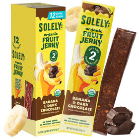 SOLELY Organic Banana Chocolate Drizzled Jerky front label shows simple ingredients