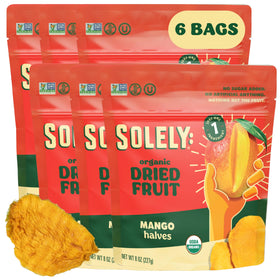 SOLELY Organic Dried Mango Halves pack front view showcasing convenient six-pack for on-the-go snacking.