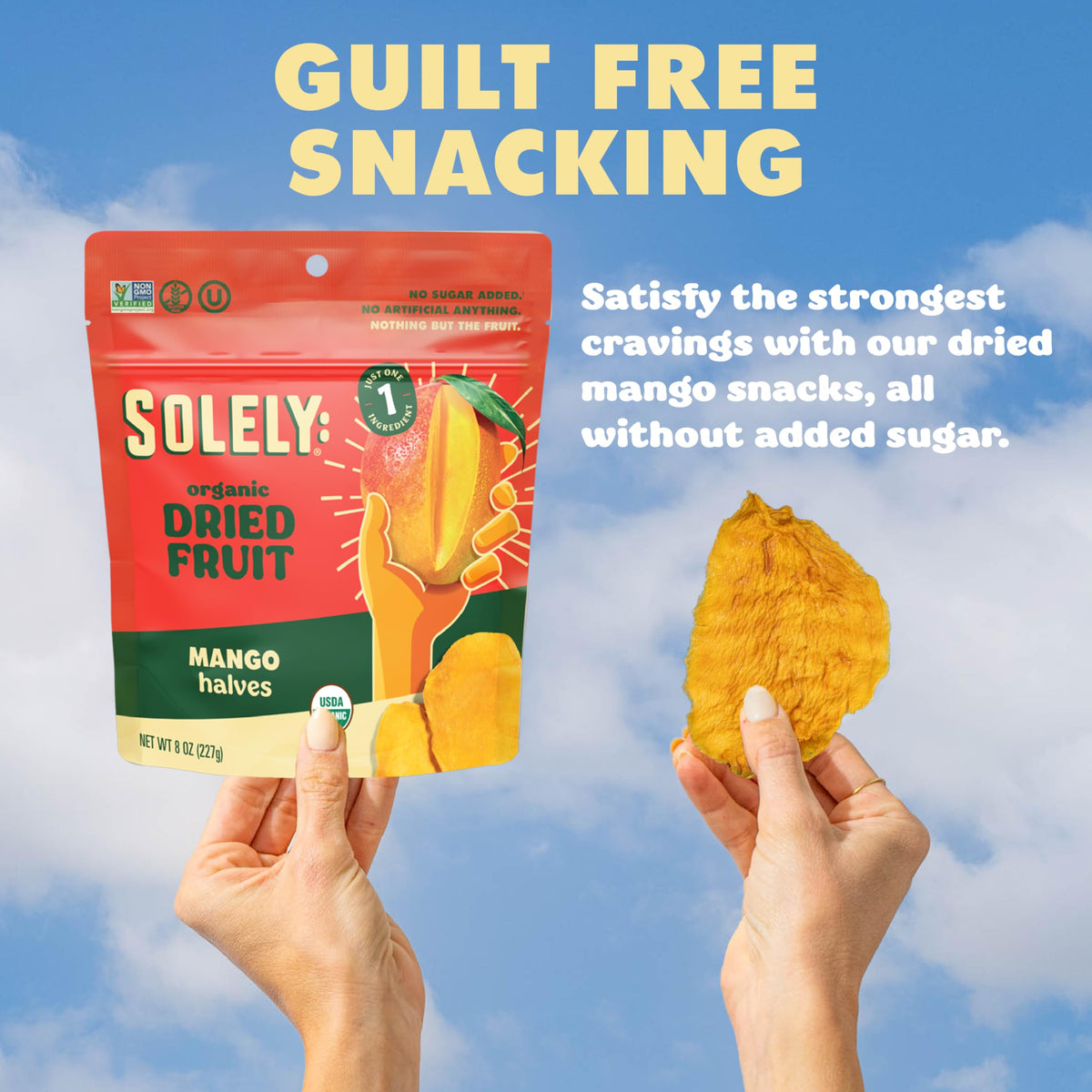 Closeup of SOLELY mango strips with chili and salt, showcasing natural ingredients.