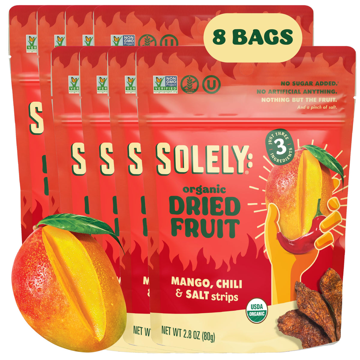 SOLELY mango strips with chili and salt on the resealable bag, great for on-the-go.
