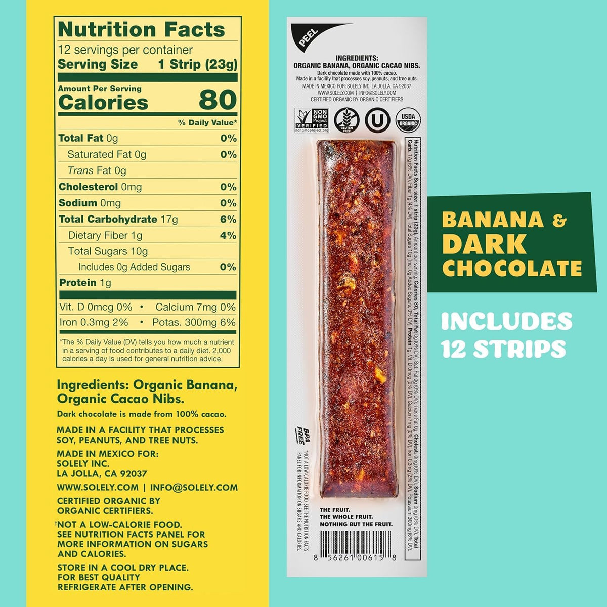 Solely Organic Fruit Jerky packaging highlights ingredients clearly.