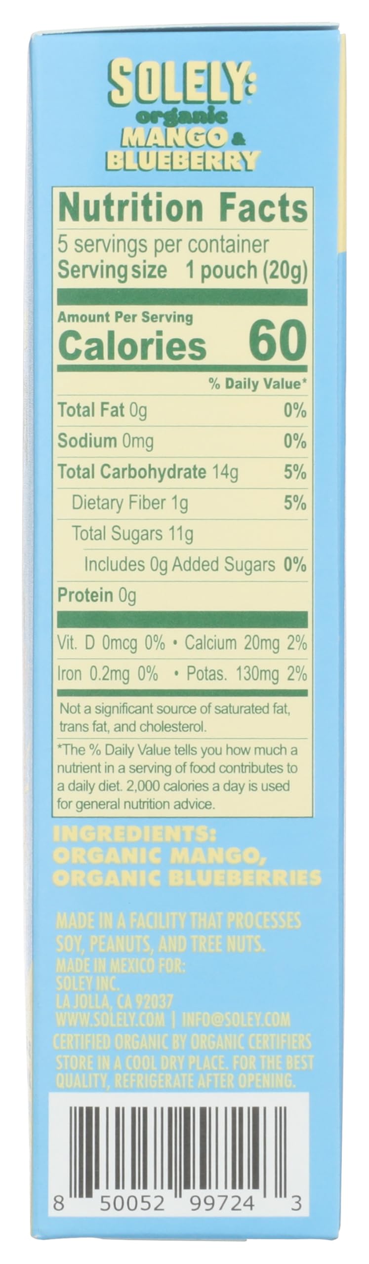 Solely Organic Fruits Ingredients Label highlights simple, transparent ingredients and no added sugar