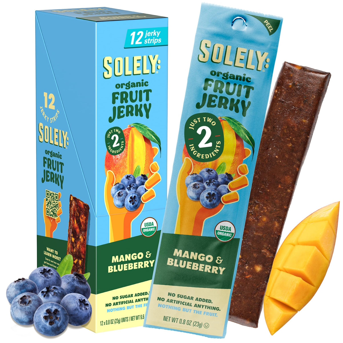 SOLELY Organic Mango Blueberry Fruit Jerky front pack for on-the-go snacking
