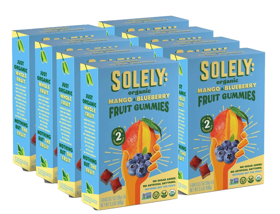 SOLELY Organic Mango & Blueberry Gummies box front for on the go snacking.