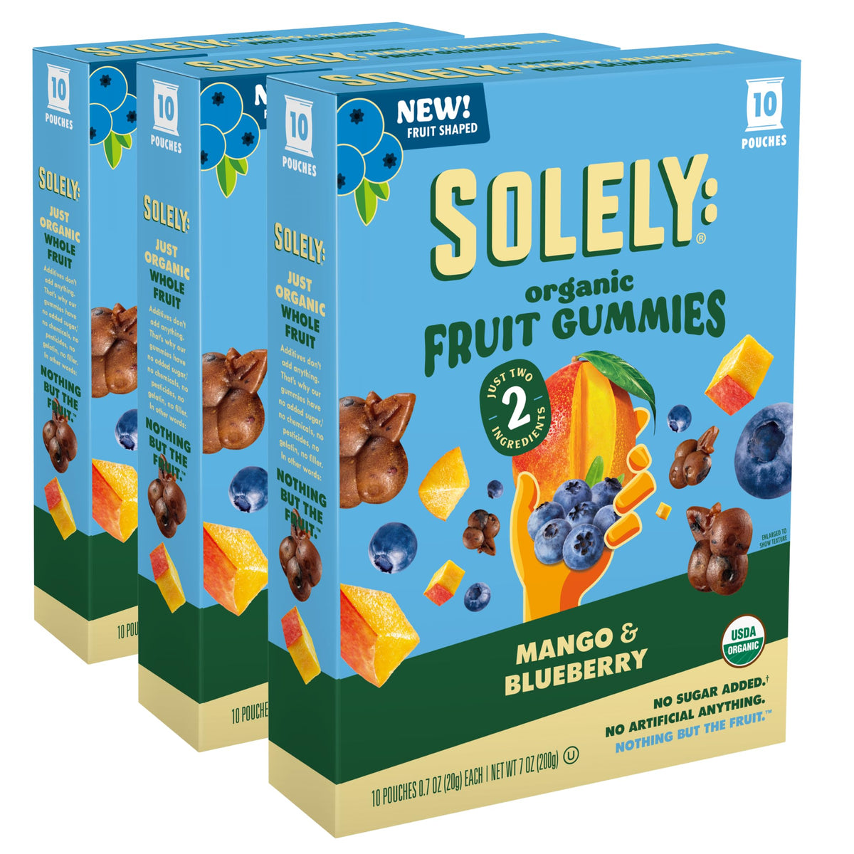 SOLELY Organic Mango and Blueberry Gummies pack for on-the-go, real fruit flavor