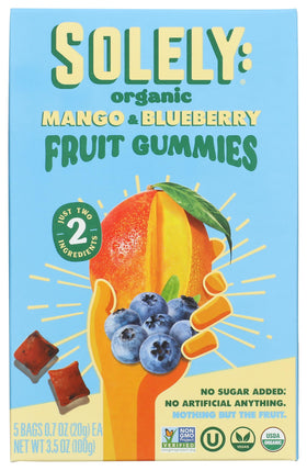 Solely Organic Mango-Blueberry Gummies packaging highlights clean label and grab-and-go appeal