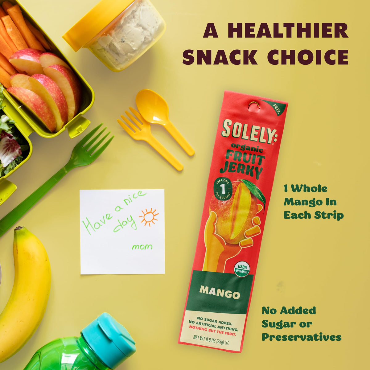 Close-up of SOLELY mango fruit jerky strip highlights chewy texture and all-fruit ingredients.