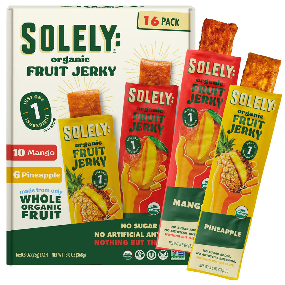 SOLELY Organic Mango Fruit Jerky pack on-the-go snack, natural sweetness.