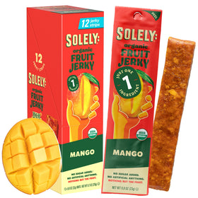SOLELY Organic Mango Fruit Jerky packaging shows 12 individually wrapped servings for on-the-go snacks.