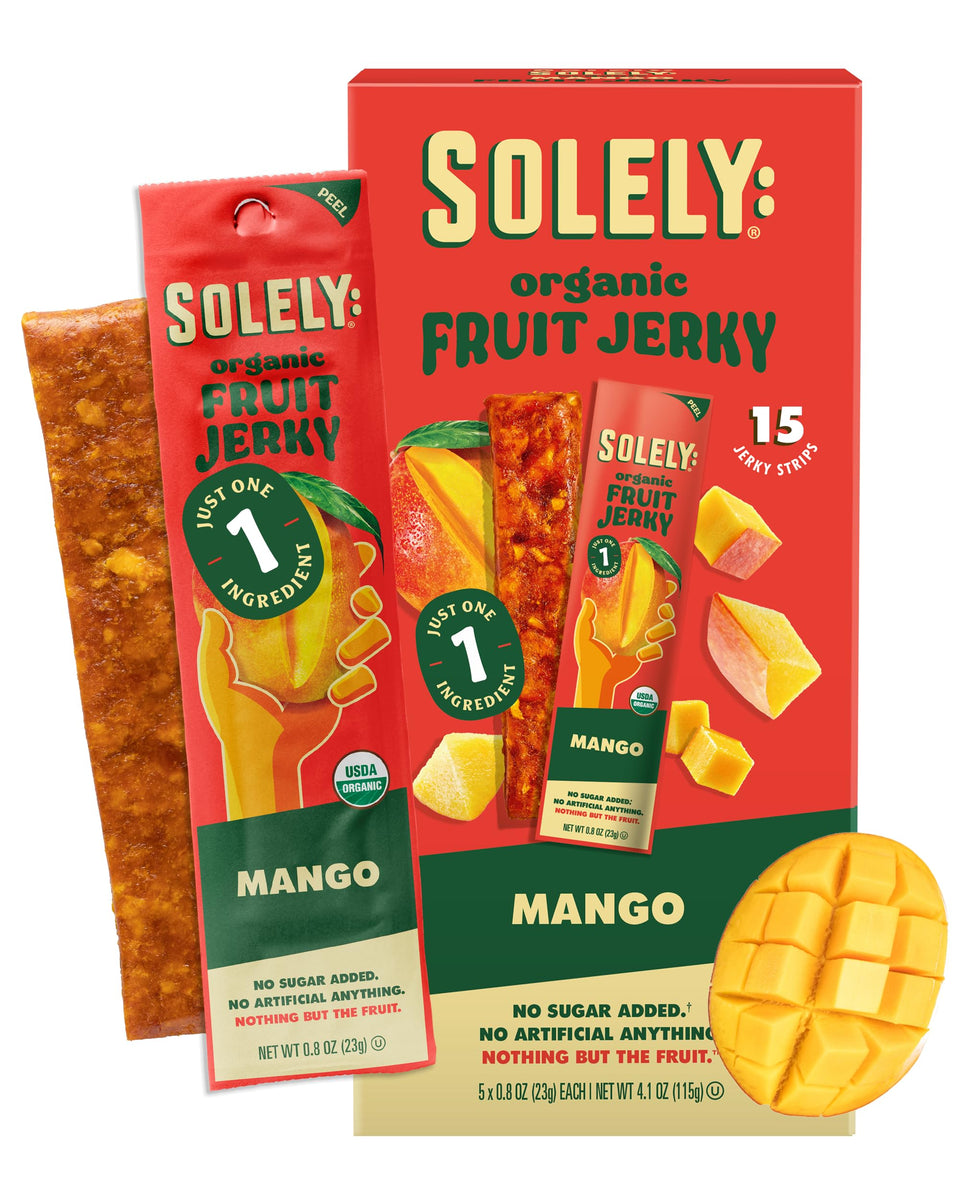 SOLELY Organic Mango Fruit Jerky Strip for a clean grab-and-go snack rich in real fruit.