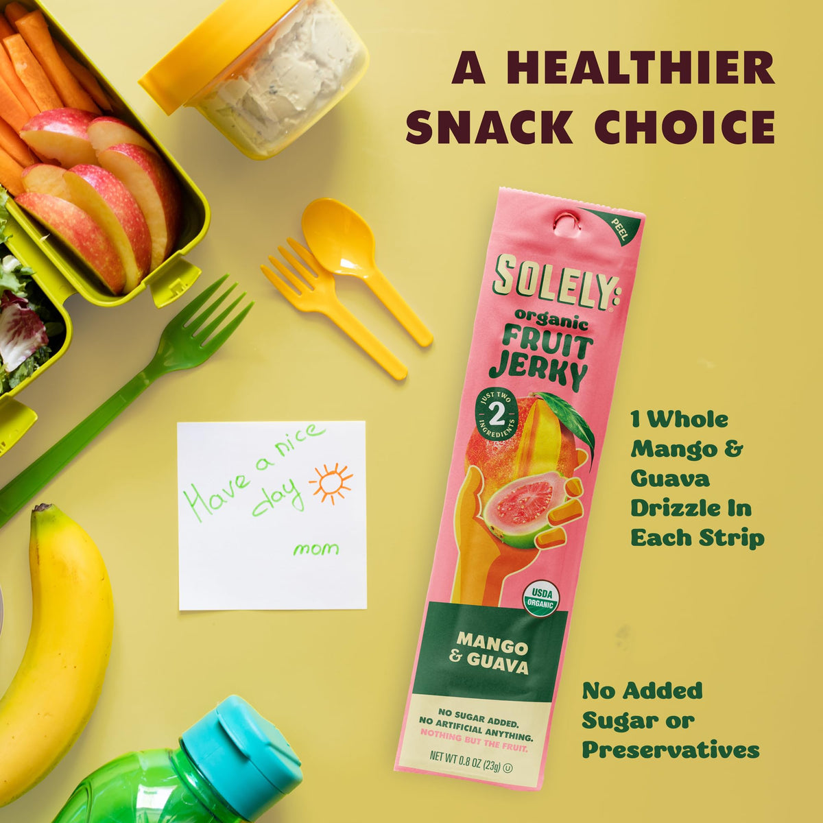 SOLELY Organic Mango Guava Jerky pack back with product details.