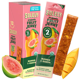 SOLELY Organic Mango Guava Jerky pack front, portable and ready-to-snack.