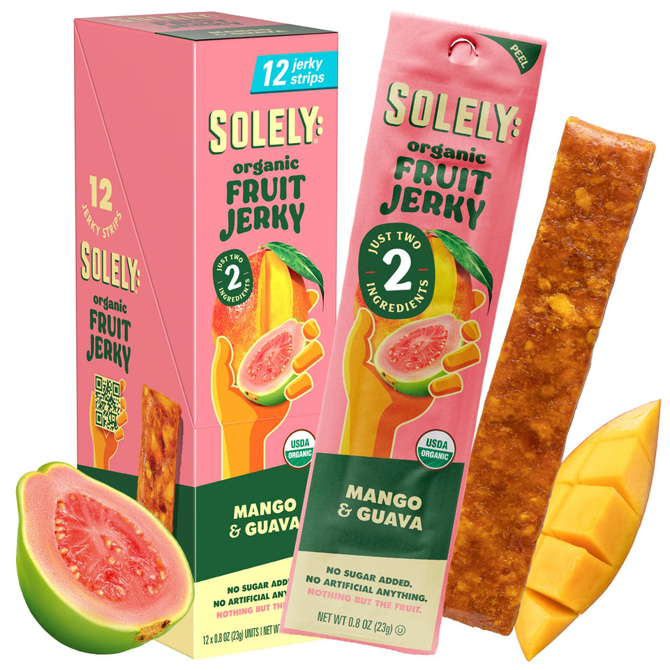 SOLELY Organic Mango Guava Jerky pack front, portable and ready-to-snack.