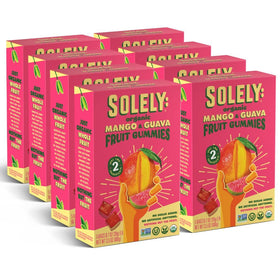 SOLELY gummies pack front with vibrant mango and guava colors for on-the-go snacking.