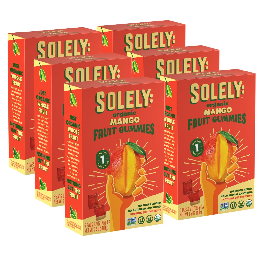 SOLELY Organic Mango Gummies pack shot six boxes, ideal for family snacking