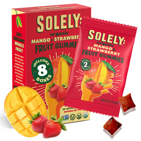 SOLELY Organic Mango and Strawberry Gummies packaging shows a ready-to-go healthy snack
