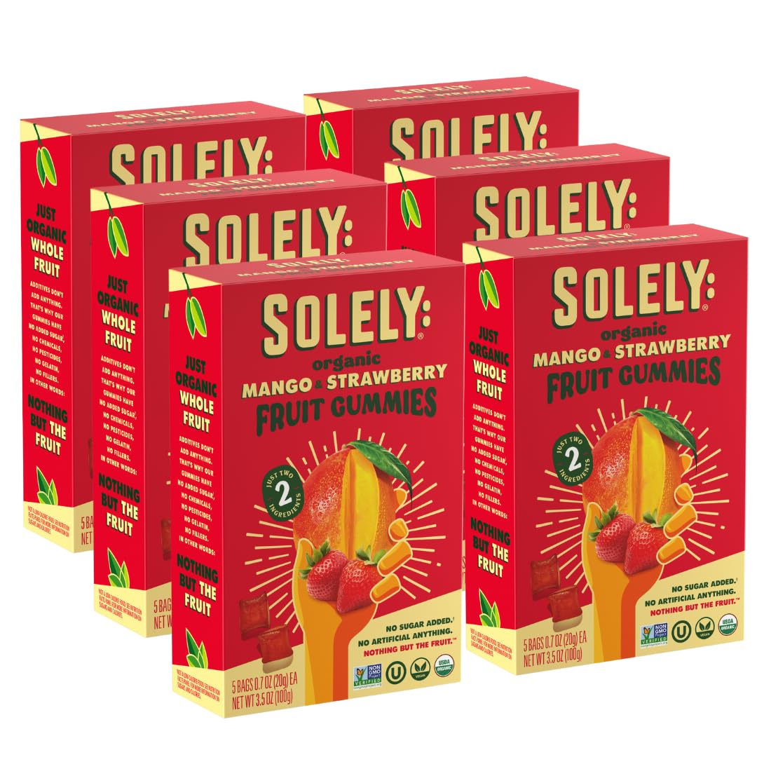 SOLELY Organic Mango and Strawberry Gummies front packaging, portable healthy snack.