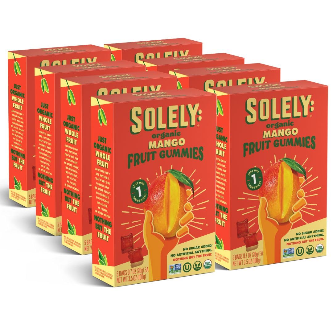 SOLELY Organic Mango Gummies pack front, ideal for on-the-go healthy snacking.