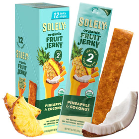 SOLELY Organic Pineapple Coconut Fruit Jerky packaging showing convenient single-serve wraps.