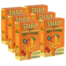 SOLELY Organic Mango & Orange Gummies packaging showing 30-bag carton for convenient snacking