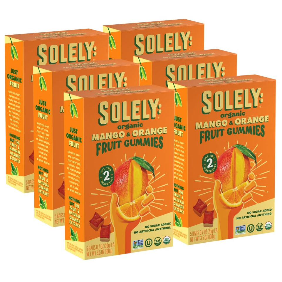 SOLELY Organic Mango & Orange Gummies packaging showing 30-bag carton for convenient snacking