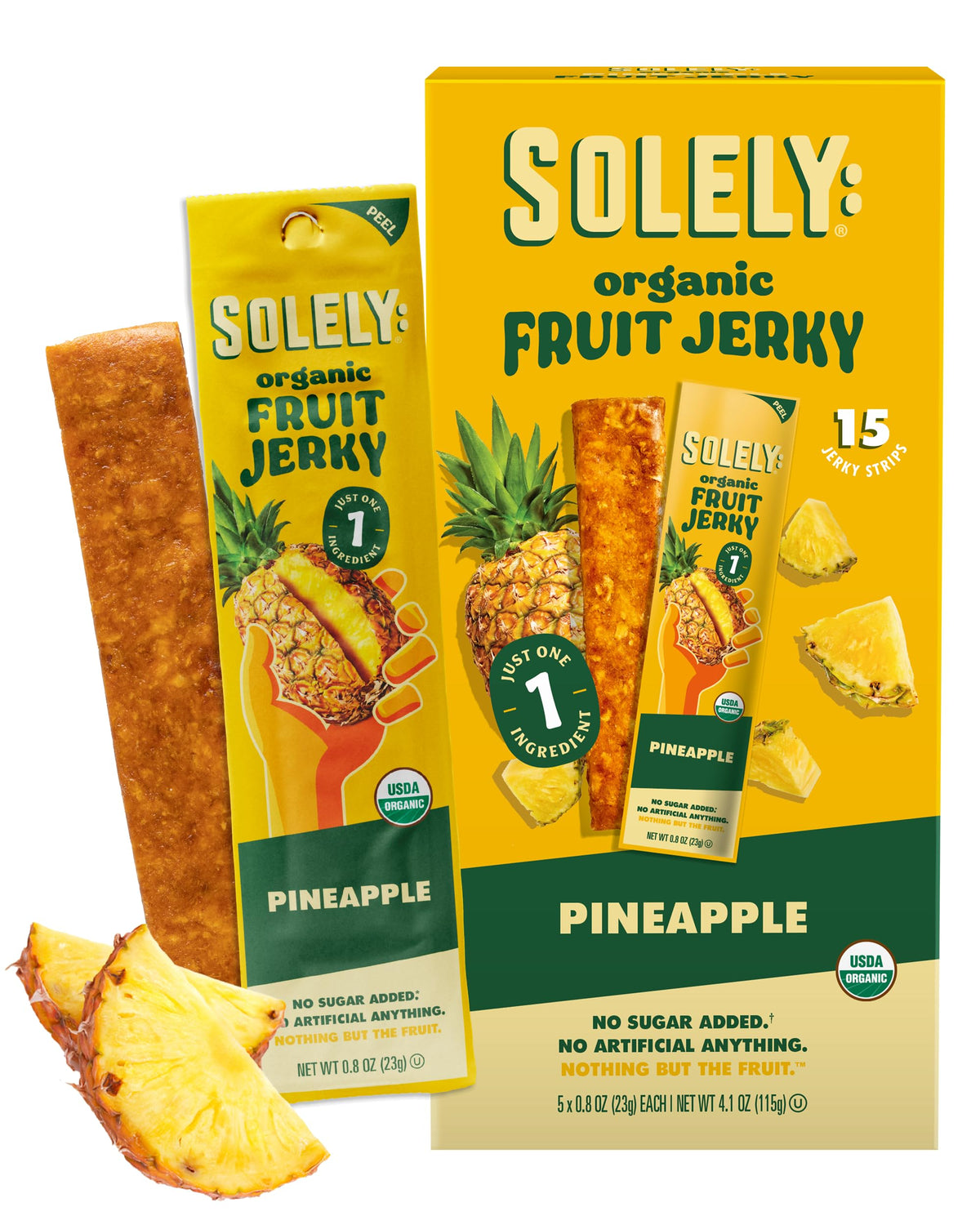SOLELY Pineapple Fruit Jerky packaging front highlights a simple clean ingredient snack for on the go