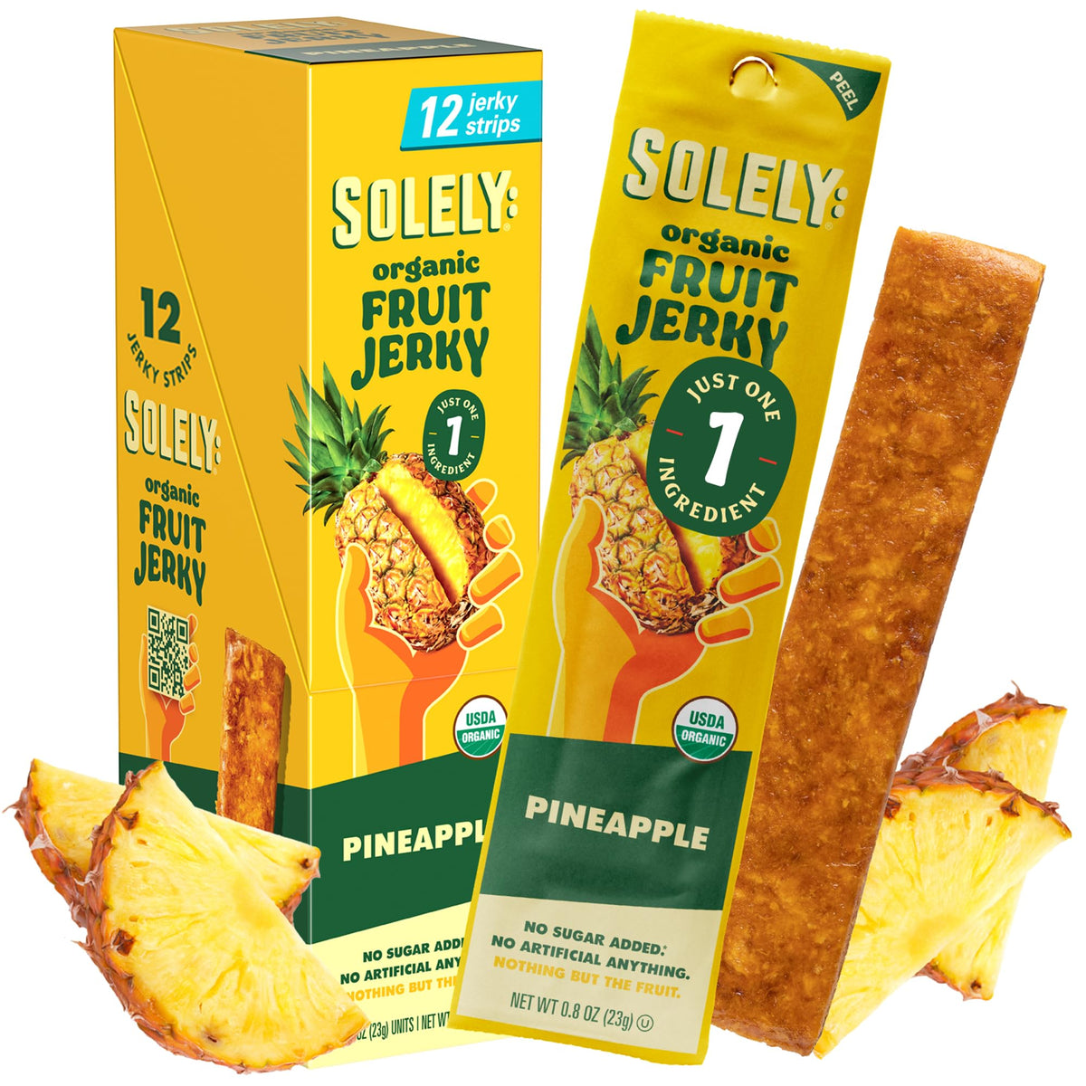 SOLELY Pineapple Jerky 12-pack shown as convenient on-the-go snacking.