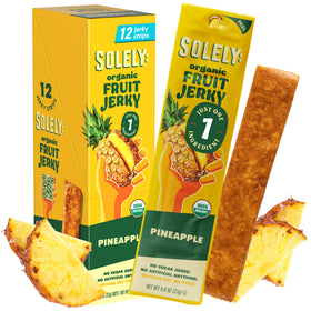 SOLELY Pineapple Jerky 12-pack shown as convenient on-the-go snacking.