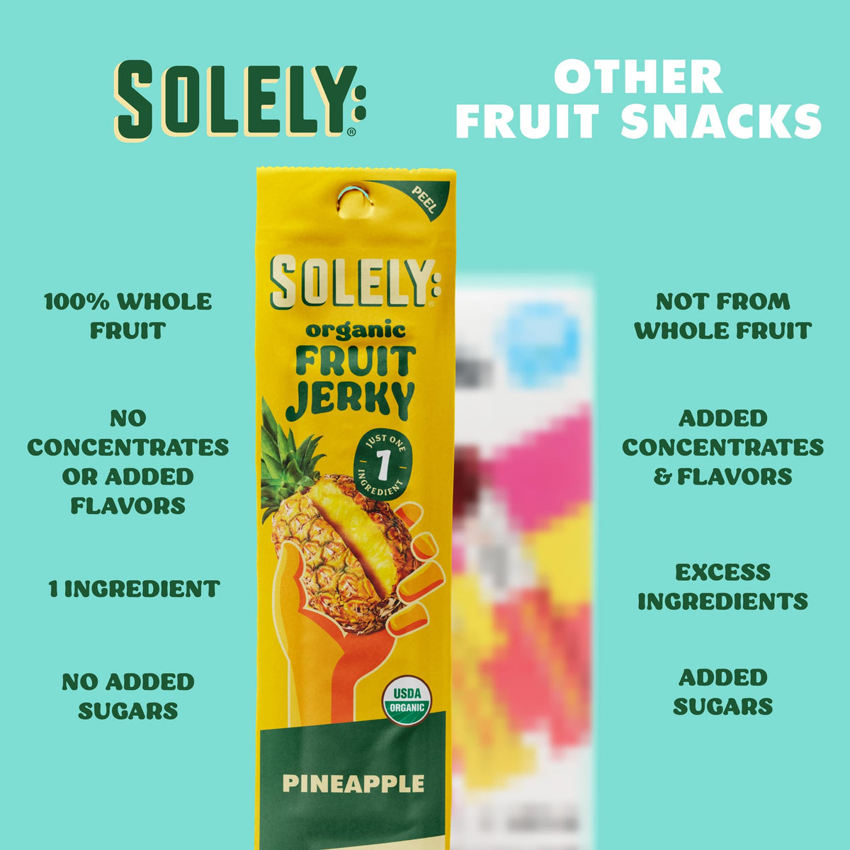 A single SOLELY pineapple jerky strip for portable sweetness on the go.
