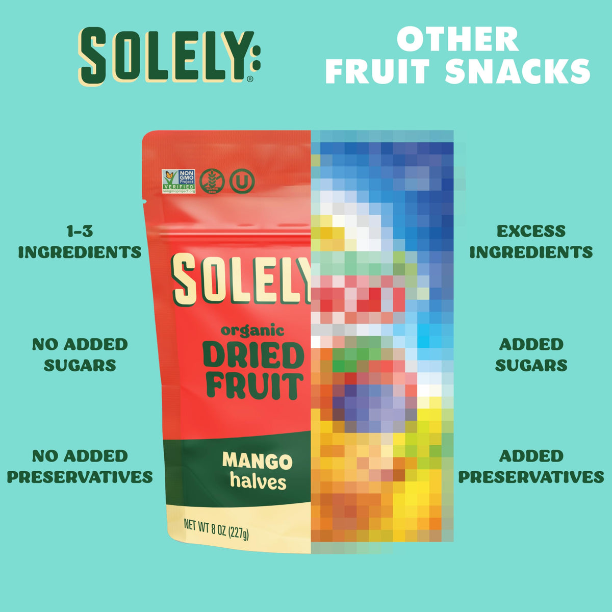 Resealable bag of SOLELY mango snack, shelf-stable and convenient.