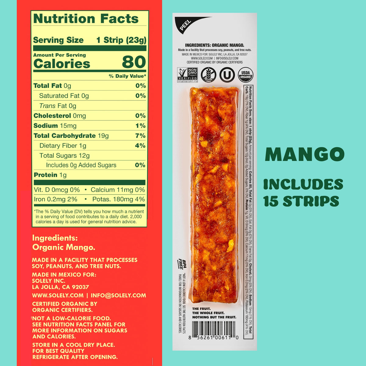 SOLELY snack on the go, mango jerky in a compact pack.