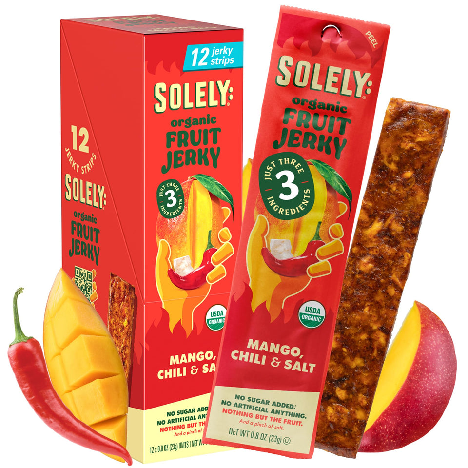 SOLELY spicy mango chili salt fruit jerky pack, convenient on-the-go snack.
