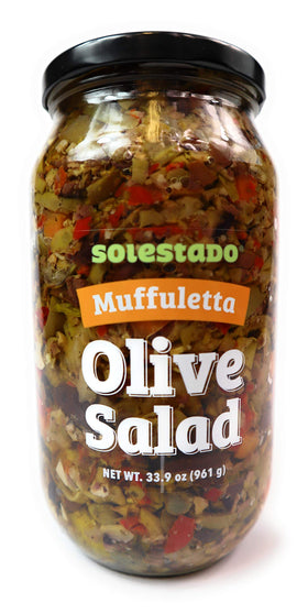 Solestado Muffuletta Olive Salad jar close-up for bold sandwich topping