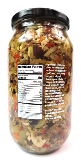 Solestado Muffuletta Olive Salad on a counter display for entertaining