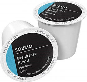 Solimo Breakfast Blend pod close-up in a cup, delivering a smooth start to the day