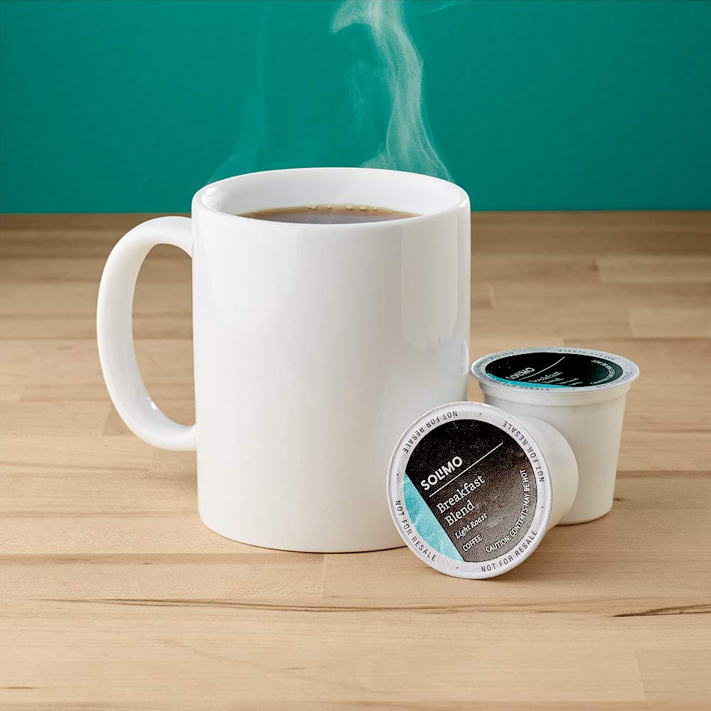 Solimo Breakfast Blend pod on the kitchen counter, ideal for quick single-serve brews with Keurig