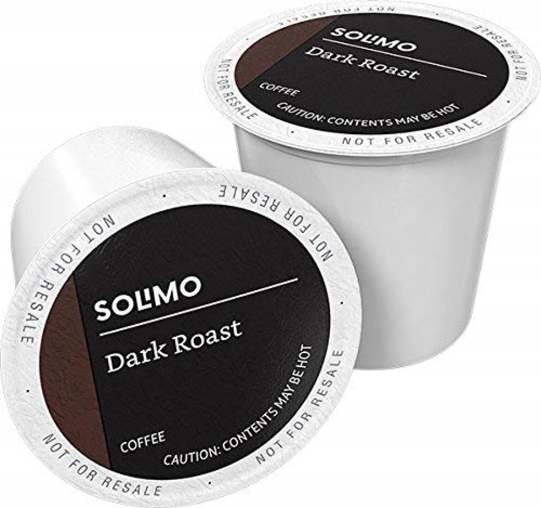 Solimo dark roast pods box, 100-count packaging for convenient brewing.