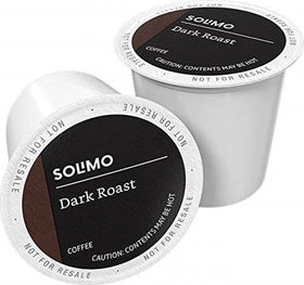 Solimo dark roast pods box, 100-count packaging for convenient brewing.