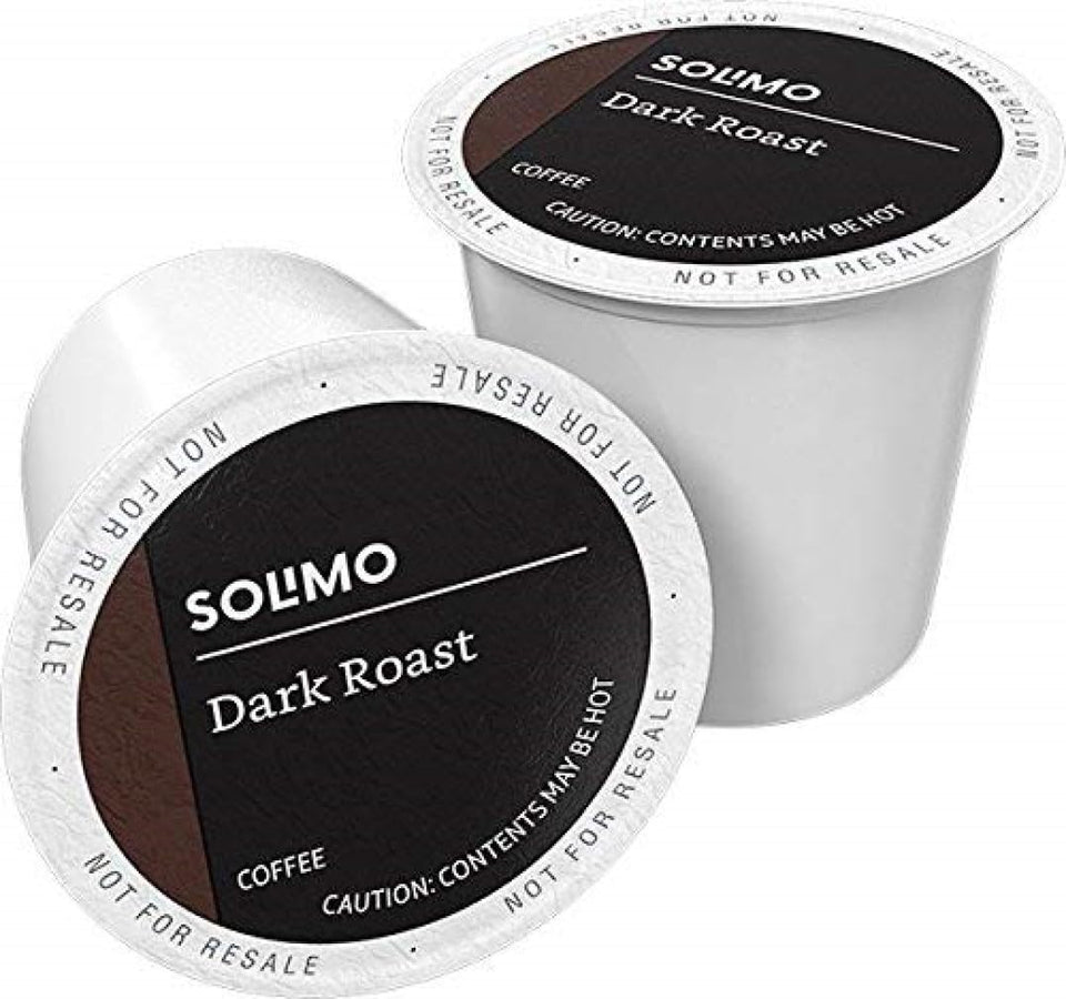 Solimo dark roast pods box, 100-count packaging for convenient brewing.