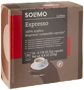 Solimo espresso capsules front view, 50-count pack, medium roast.