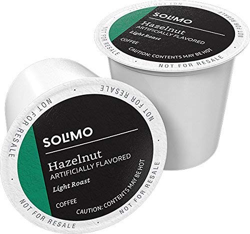 Solimo hazelnut coffee pods brew cup view, rich creamy aroma.