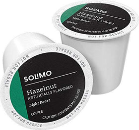 Solimo hazelnut coffee pods brew cup view, rich creamy aroma.
