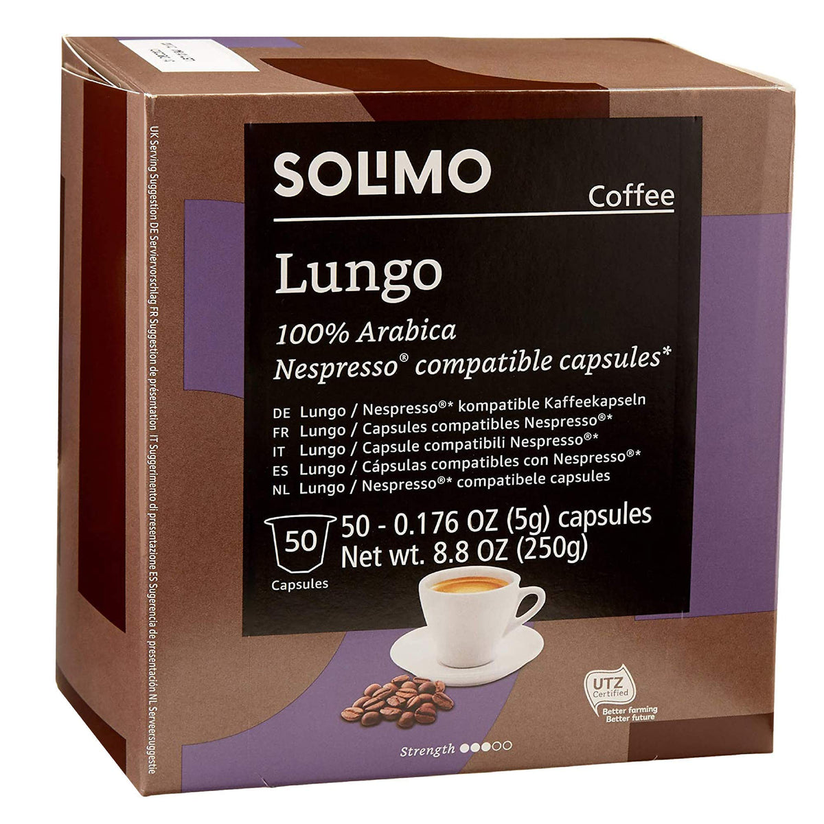 Solimo Lungo capsules box, 50-count, Belgian roast, compatible with Nespresso OriginalLine for home brewing.