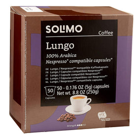 Solimo Lungo capsules box, 50-count, Belgian roast, compatible with Nespresso OriginalLine for home brewing.