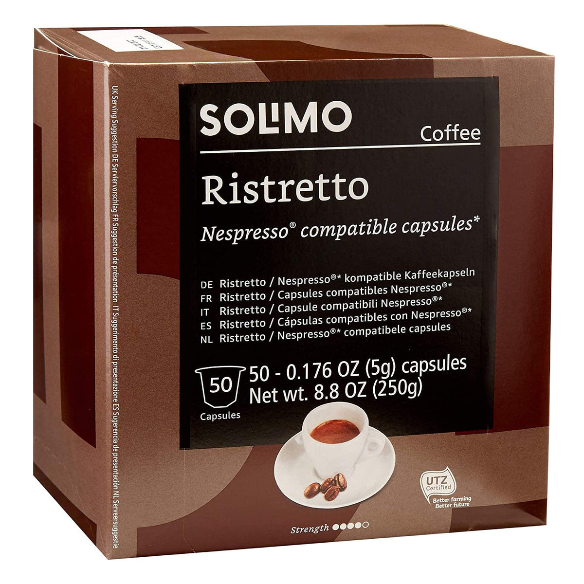 Solimo Ristretto capsules in dark roast packaging for bold espresso.