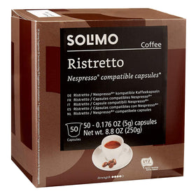 Solimo Ristretto capsules in dark roast packaging for bold espresso.