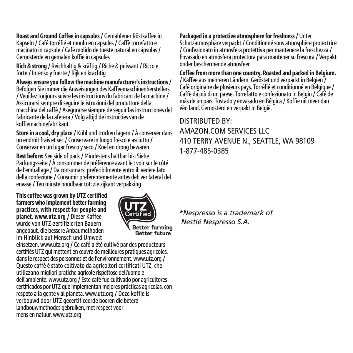Solimo ristretto capsules featuring UTZ certification label.