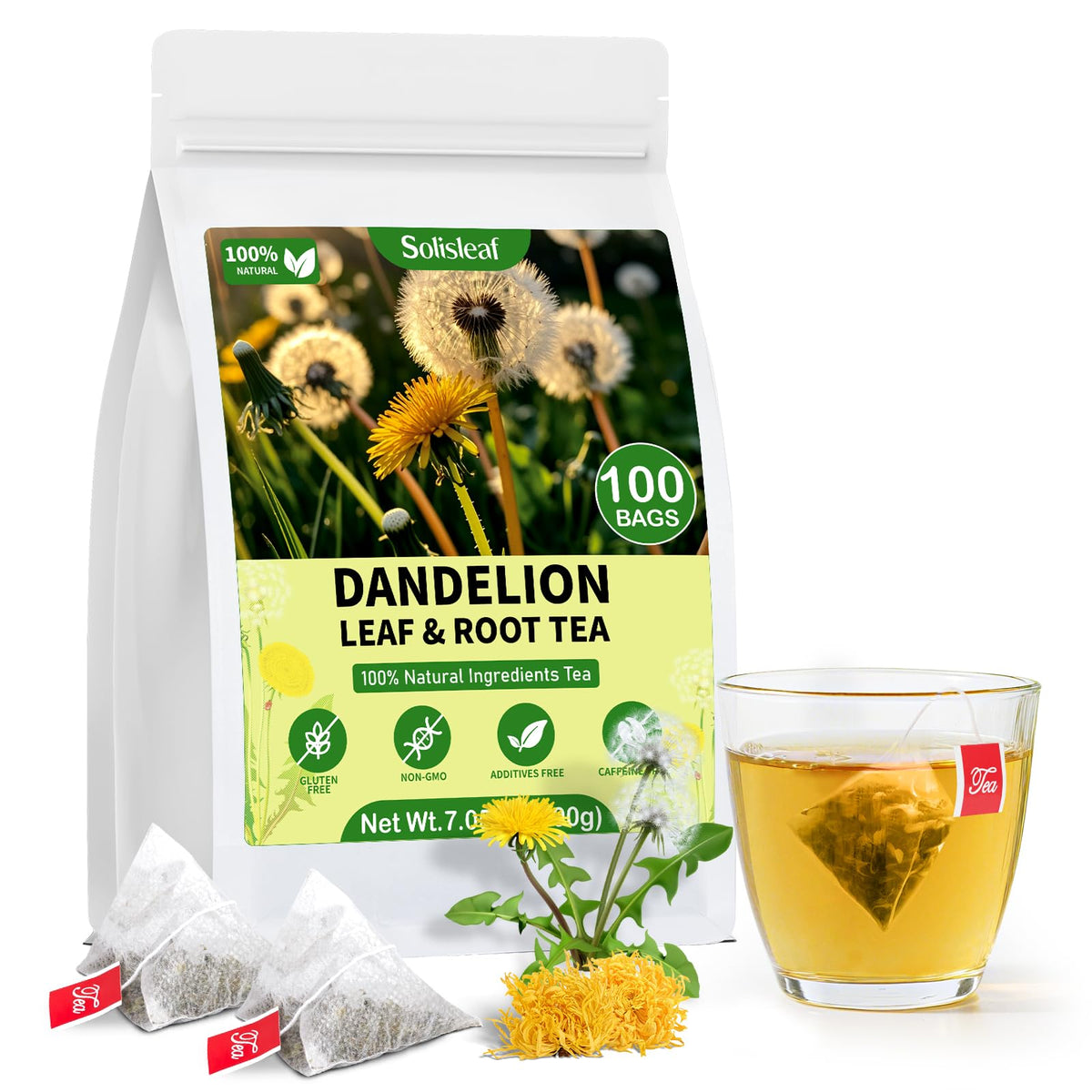 Solisleaf Dandelion tea bags packaging highlights purity and caffeine-free wellness